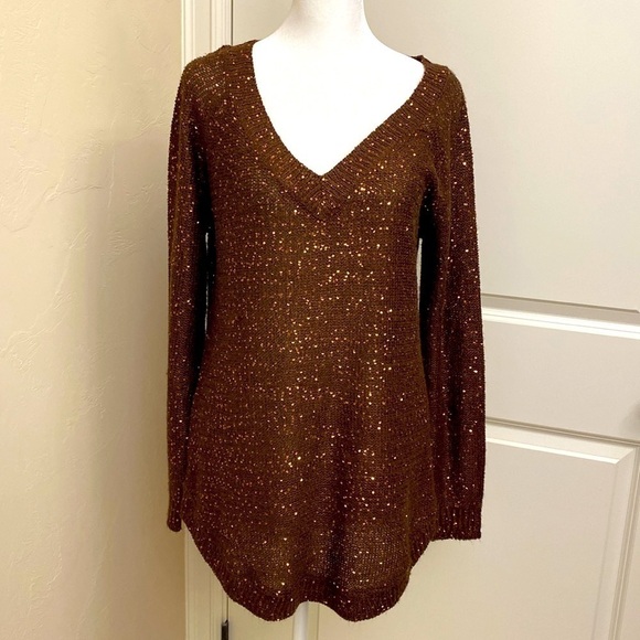 Soft Surroundings Sweaters - Soft Surroundings V neck Sweater Womens M Brown Sequin knit Tunic top Festive